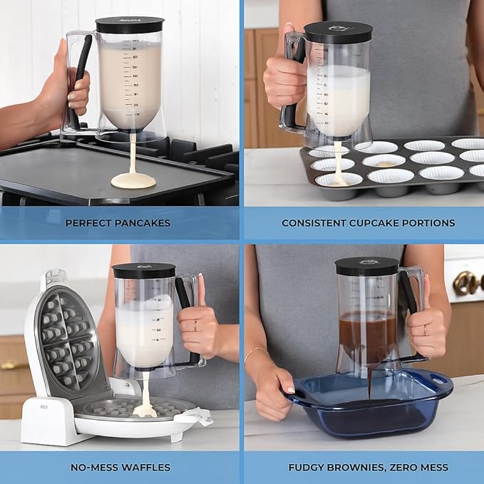 Pancake Batter Dispenser - Kitchen Must Have Tool for Perfect Pancakes, Cupcake, Waffle, Muffin Mix, Cake & Crepe - Easy Pour Baking Supplies for Griddle - Pancake Maker with Measuring Label (Black)
