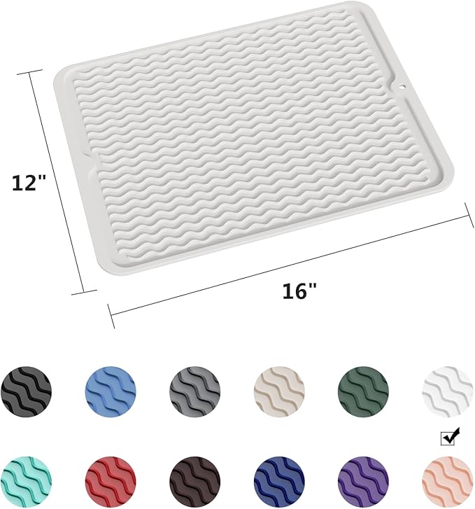 ZLR Silicone Dish Drying Mat & Heat Resistant Trivet (12" x 16") - Waterproof Counter Protector for Air Fryer, Coffee Maker - Non-Slip, BPA Free Kitchen Pad, Easy Clean Dishwasher Safe (Milk White)