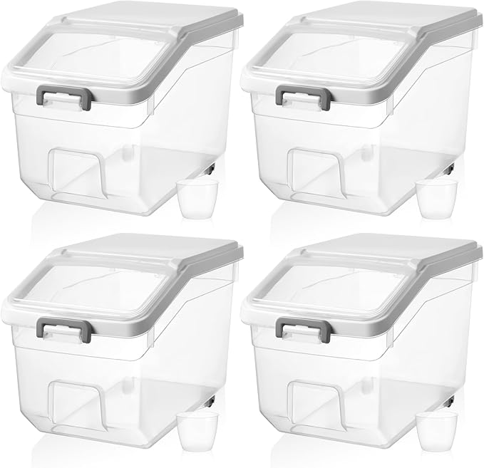 Sunnyray 4 Pcs Rice Storage Container 28 lb Airtight Flour Container with Wheels Measuring Cup Clear Pet Food Cube Dog Birds Cat Food Bin Grain Cereal Organizer Box for Dry Baking Supplies(White Lid)
