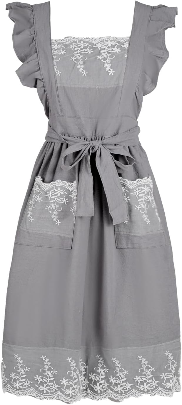 Aoomzoon Vintage Aprons for Women with Pockets Cute Lace Ruffle Adjustable Apron for Cooking Kitchen Baking Gardening
