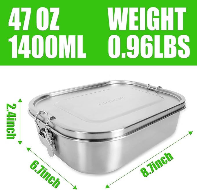 UPTRUST Leak Proof Stainless Steel Bento Lunch Container, (47OZ/1400ML) Metal Bento Lunch Box for Kids or Adults, 3 Compartment Packing Box for Work Lunch