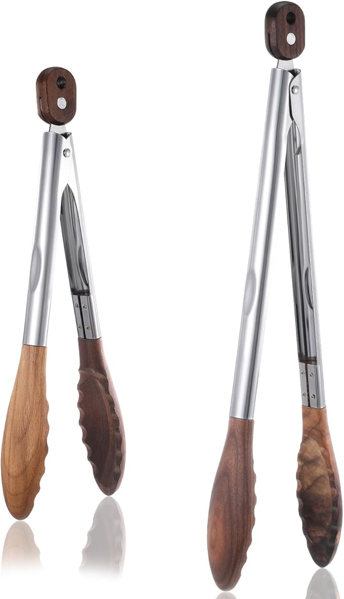 2 Pcs Wooden Tongs for Cooking, 9 & 10 Inch Durable Salad Tongs with Walnut Wood Tip Multifunctional Stainless Steel Handle Kitchen Tong for Serving Food, Bread, BBQ, Tossing Salad - Lock Dsign