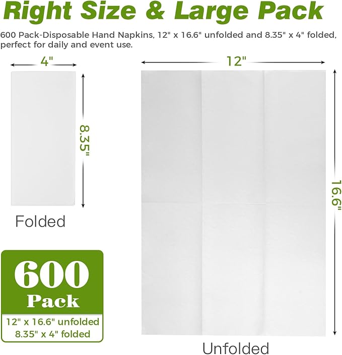 600 Pack Disposable Bathroom Hand Towels Super Value Bulk, Linen-Feel Absorbent White Guest Paper Napkins for Wedding, Party, Holiday, Dinner and Everyday