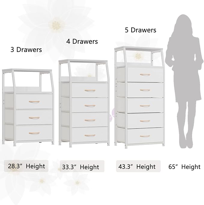 Furnulem White Nightstand with 3 Drawers and 2-Tier Shelf, Small Night Stand End Table Side Furniture, Fabric Storage Organizer for Bedroom, Closet, Hallway, Nursery, Sturdy Steel Frame, Wood Top