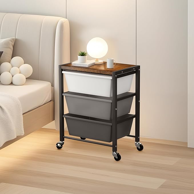 Rolling Cart with 3 Drawers, Plastic Drawer Storage Carts with Lockable Wheels & Wooden Tabletop, Metal Utility Cart Organizer, Office Bedroom Classroom Craft Organization and Storage, Dark Grey