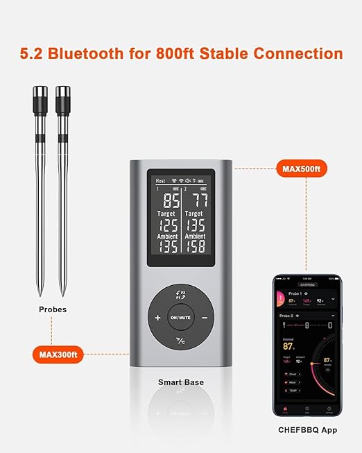 Wireless Meat Thermometer with 2 Probes & 800Ft Range - Smart Bluetooth BBQ Grill Thermometer with Standalone Base, NIST Certified ±0.5°F Accuracy