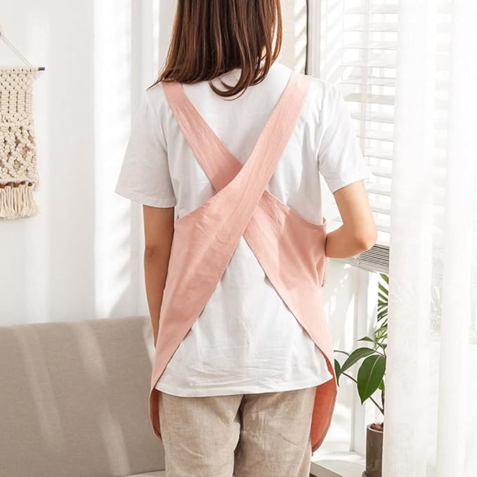 Cotton Cross Back Aprons Solid Color Cooking Kitchen Garden Smock for Women Girls with Pockets