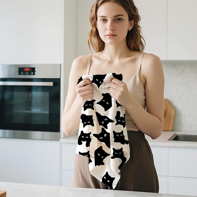 2Pcs Cat Kitchen Towels, Funny Cats Absorbent Tea Towel Decorative Dish Hand Towels Cat Lover Gifts for Cleaning Drying Cats Owners Women Mom Housewarming Gifts 14 x 24 Inch Kitchen Home Decor-1
