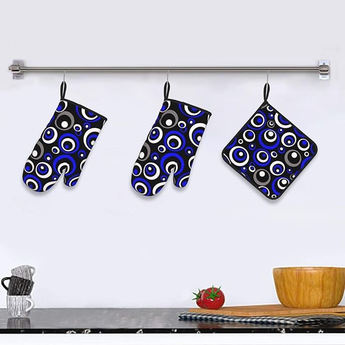 3 - Piece Blue Black White Retro Circular Oven Mitts & Pot Holders Sets, Modern Abstract Art Blue Oven Gloves Heat Resistant for Home Cooking Baking, Cooking, Kitchen Decor & Gift for Culinary Women
