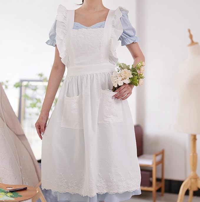 Aoomzoon Vintage Aprons for Women with Pockets Cute Lace Ruffle Adjustable Apron for Cooking Kitchen Baking Gardening