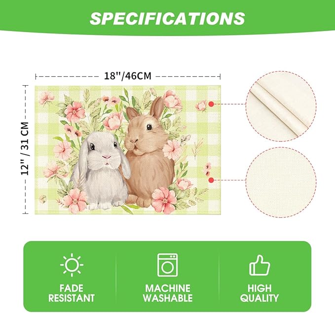 Artoid Mode Green White Bunny Rabbit Flowers Buffalo Plaid Easter Placemats Set of 4, 12x18 Inch Spring Table Mats for Party Kitchen Dining Decoration