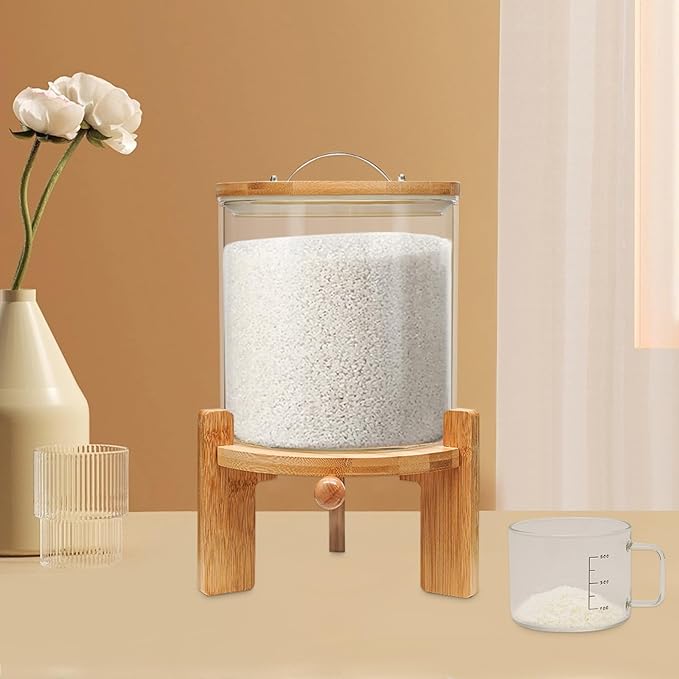 5L Cereal Dispenser, Bamboo Grain Storage Barrel with Sealed Lid and Wooden Stand, Cereal Container for Pantry Organization and Storage (5L)