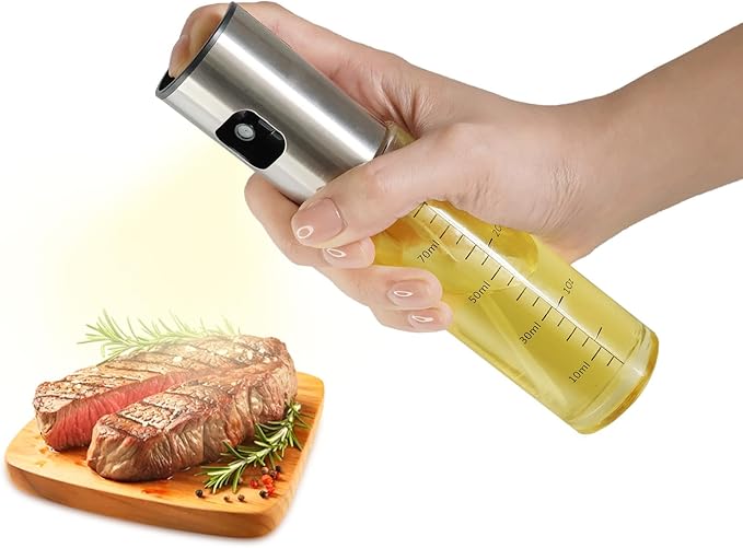 Oil Sprayer for Cooking, 3.5 OZ Olive Oil Dispenser Bottle for Kitchen Gadgets, Food, Air Fryer, Salad, Vinegar, BBQ, Stainless Steel Pump for Mist Spray, Glass Metarial Mister, 100 ML