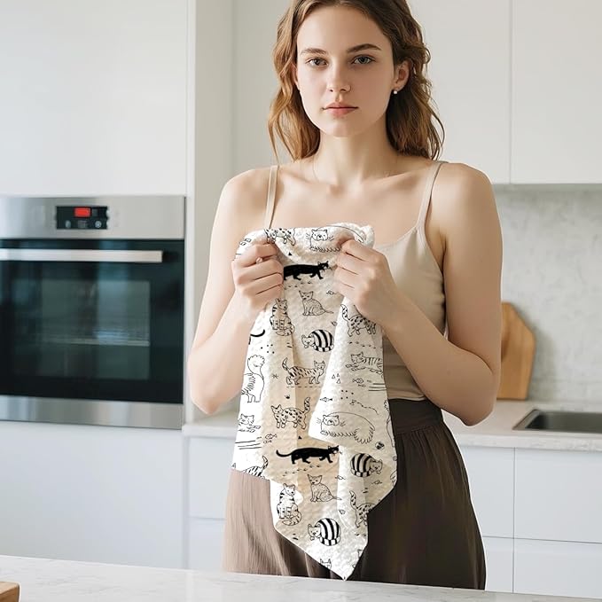 4 Pcs Cute Cat Kitchen Towels, Cats Decorative Absorbent Microfiber Dish Cloth Tea Towel, Durable Waffle Hand Towels for Farmhouse Home Bathroom, Cat Lover Gifts for Women Mam-1