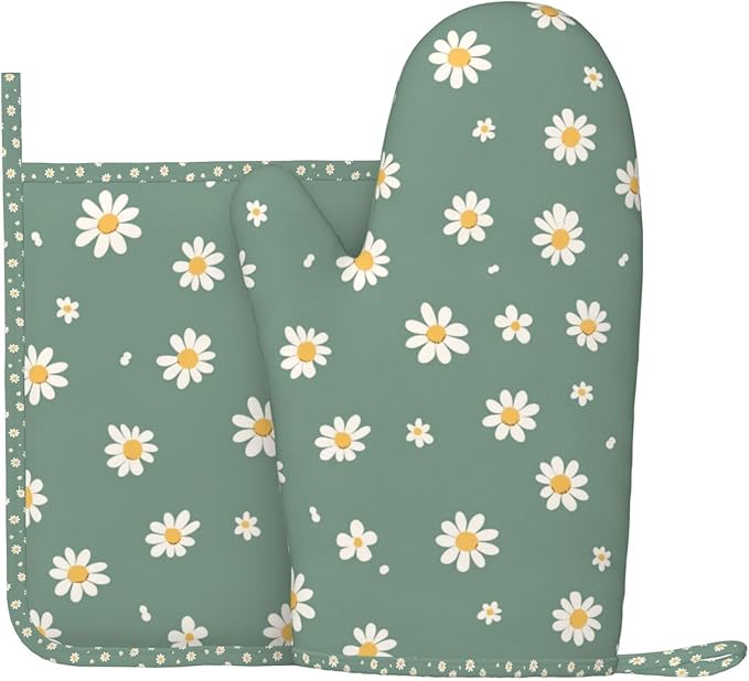 Oven Mitts and Pot Holders Daisy Flower Green Silicone Kitchen Accessories Set of 2 Heat Resistant Long Gloves Potholder Non-Slip Grip for Chef Cooking Baking Grilling BBQ