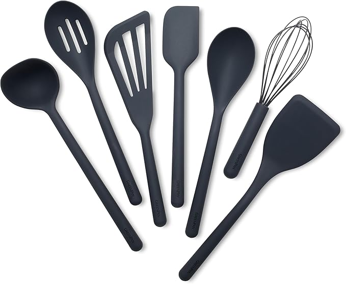 GreenPan Silicone 7 Piece Cooking Utensil Set, Ladle, Turners, Spatula, Spoons, Whisk, Flexible Nonstick Kitchen Tools Rigid Steel Core, Heat-Resistant, Anti-Slip Handle BPA-Free Dishwasher Safe, Gray