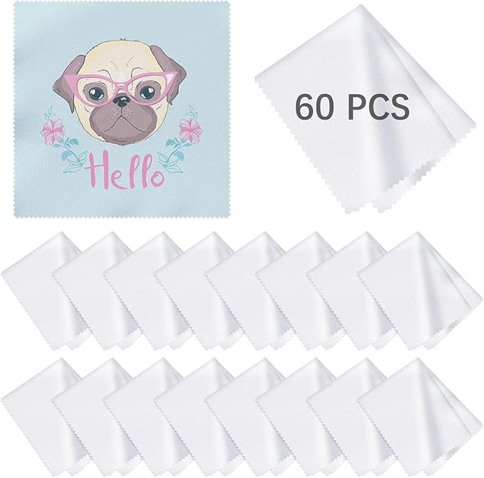 60 Pack Microfiber Cleaning Cloth for Glasses (5.5"x5.5"), Sublimation Eye Glasses Clean Cloths White Microfiber Lens Cleaner Cloths for Eyeglasses, Lenses, Silverware, Camera, Phones and Laptops