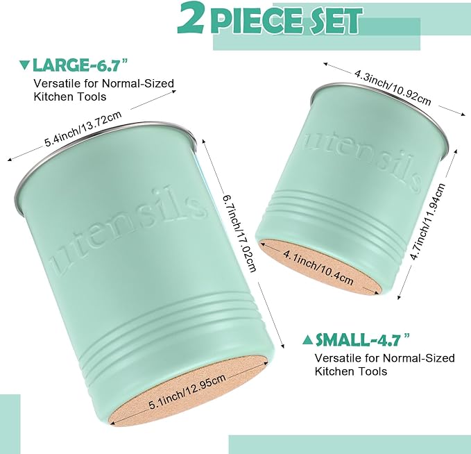 FoldTier 2 Pack Kitchen Utensil Holder for Counter 6.7"+4.7" Farmhouse Cooking Utensil Crock with Cork Bottom Modern Farmhouse Decors Countertop Storage Organizer Caddy Housewarming Gift(Sage Green)