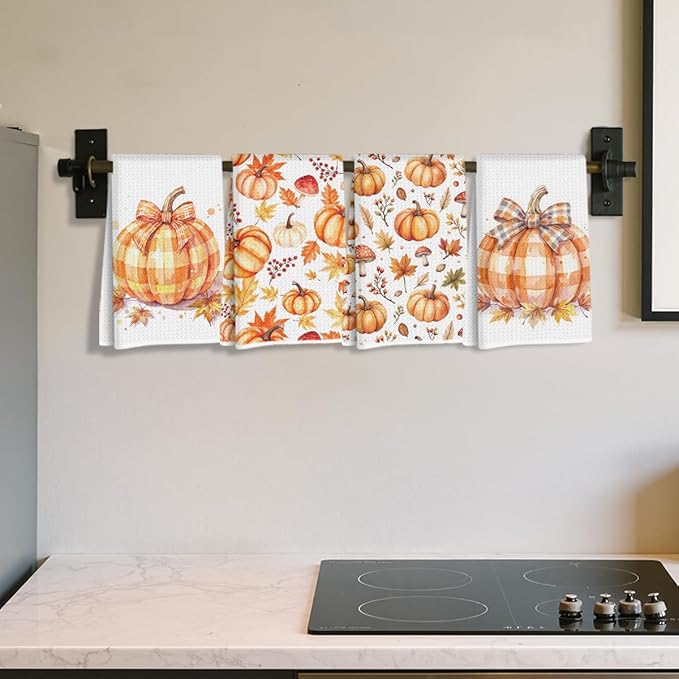 4 Pcs Fall Pumpkin Decor Kitchen Towels, Plaid Pumpkin Soft Absorbent Tea Hand Towel, Microfiber Dish Cloths for Drying Dishes, Waffle Dish Towels Fall Gifts for Kitchen Bathroom Home Decor
