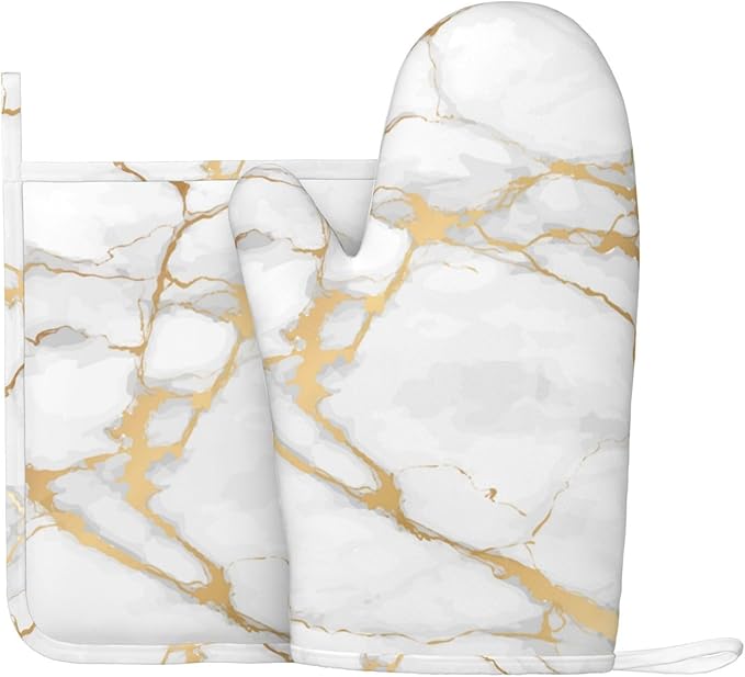 Oven Mitts and Pot Holders White Gold Marble Abstract Silicone Kitchen Accessories Set of 2 Heat Resistant Long Gloves Potholder Non-Slip Grip for Chef Cooking,Baking,Grilling,BBQ