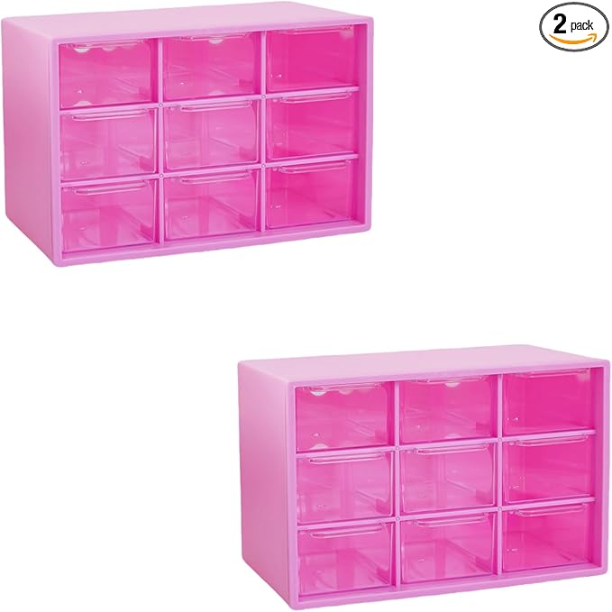 Feadily 2PCS Small Drawer Organizer for Desk, Desktop Drawer Organizer with 9 Clear Drawers, Plastic Desktop Storage Drawers 7.1 Inch x 3 .9 Inch x 4.7 Inch, Rose Red