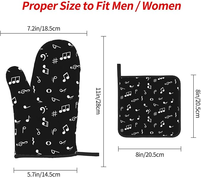 Music Notes Oven Mitts and Pot Holders Sets of 3 Black Hot Pads Musicial Oven Gloves Heat Resistant Non Slip Washable for Kitchen Cooking Grilling Baking