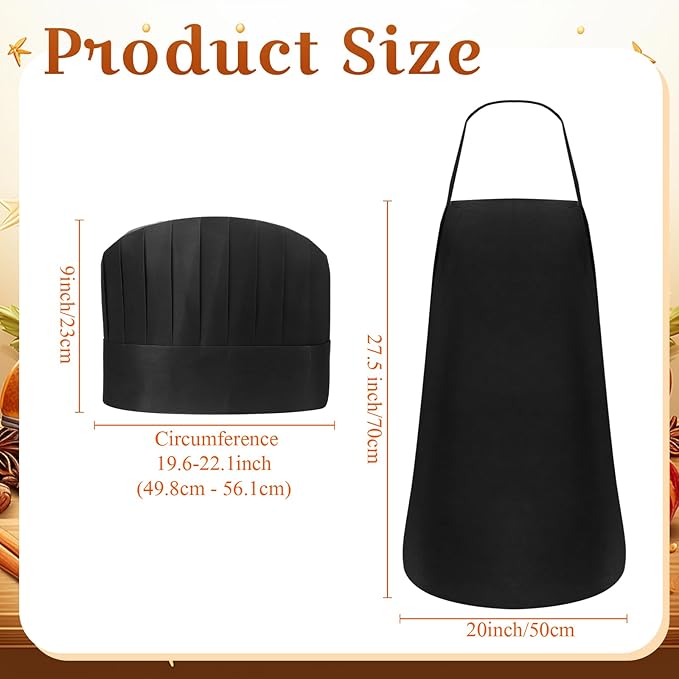 Coume Disposable Non Woven Apron Chef Hat Set, Adult Kitchen Aprons Adjustable Bakery Hats for Kitchen Cooking Baking