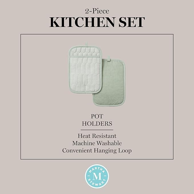 MARTHA STEWART Honeycomb Quilted Chambray Pot Holder 2-Pack Set, 100% Cotton, Flexible Non-Slip Silicone Grip, Heat Resistant, Mint Green, 7"X10"