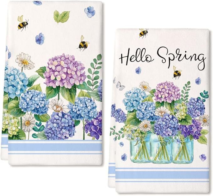 Purple Hydrangea Spring Kitchen Towels Set of 2,Bee Vase Flower Dish Hand Towels Farmhouse Indoor Outdoor Holiday Seasonal Decorations DD096