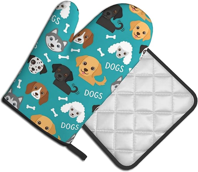 Dogs and Bone Oven Mitts and Pot Holders Green Background Heat Resistant Oven Mitts Safe for Baking Cooking BBQ