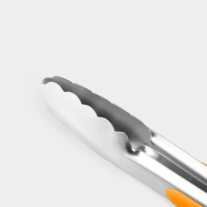 Premium 304 Stainless Steel Tongs Set – 12" Grill Tongs & 9" Cooking Tongs, Heat Resistant up to 600°F, Wavy Grip Head, Non‑Slip Handle with Locking Clip & Hanging Loop, Dishwasher Safe, Orange