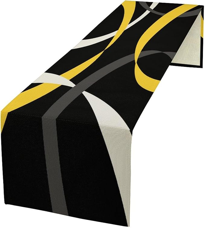 Abstract Yellow Geometric Table Runner Grey and White Striped Black Background Modern Kitchen Dinner Runner for Indoor Home Living Room Party Dining Table Decoration 13"x90"