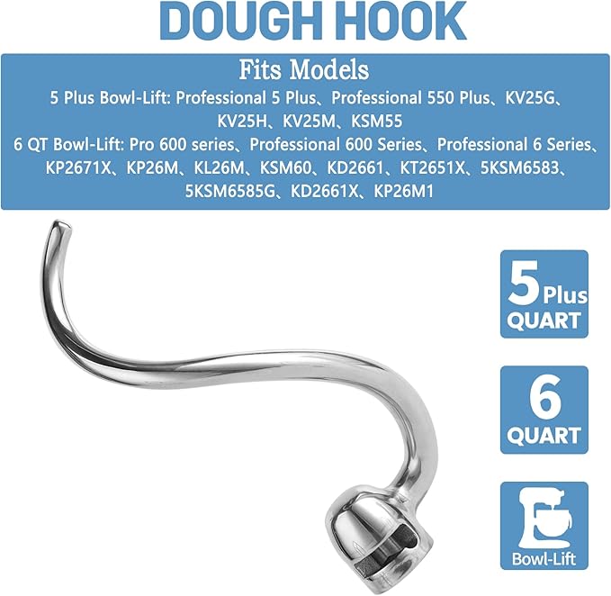 Stainless Steel Spiral Dough Hook Compatible with KitchenAid 5 Plus-6QT Mixer,Bowl Lift Stand Mixer Accessory, Rust Resistant, Effectively Kneads Bread,Pizza,Pasta and Biscuits,Dishwasher Safe