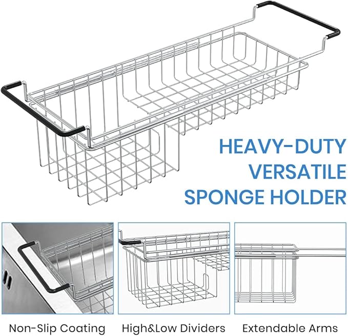 TreeLen Over The Kitchen Sink Caddy Sponge Holder Organizer Drying Rack Expandable for Sponge Brush Soap 13.8" to 20.8", Stainless Steel
