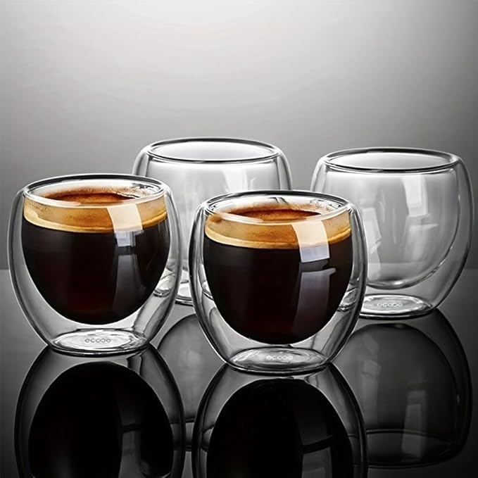CALIDAKA 6pcs Double Walled Espresso Cups 80ml Clear Glass Modern Demitasse Coffee Mugs for Espresso, Cappuccino, Tea