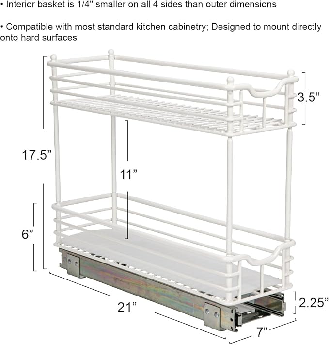 Household Essentials Glidez Multipurpose Paint-Finished Steel Pull-Out/Slide-Out Storage Organizer with Plastic Liners for Under Cabinet Use - 2-Tier Design, White
