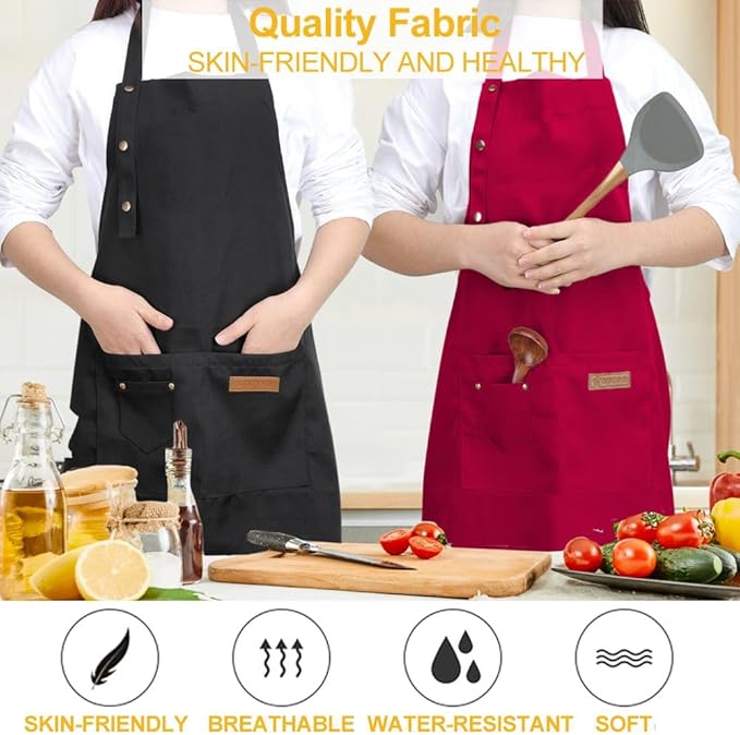 Kitchen Cooking Apron for Women Men with Big Pockets Canvas Waterproof Aprons for Server Pottery Artist Chef Apron