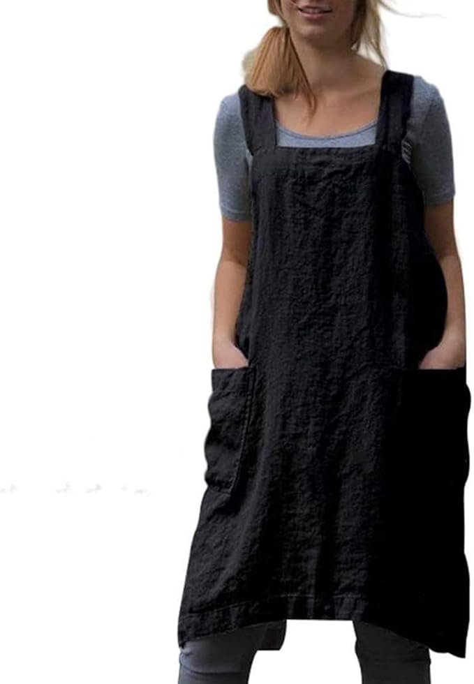 VLZUFE Cotton Linen Apron for women Cross Back Apron Pinafore Dress for Baking Cooking Gardening Work