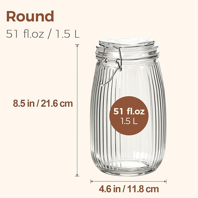 ComSaf 3pcs 50oz Ribbed Glass Jars with Airtight Clamp Lids, Large Vintage Canisters for Flour, Sugar Storage & Fermenting, Wide Mouth for Pantry Organization & Countertop Decor
