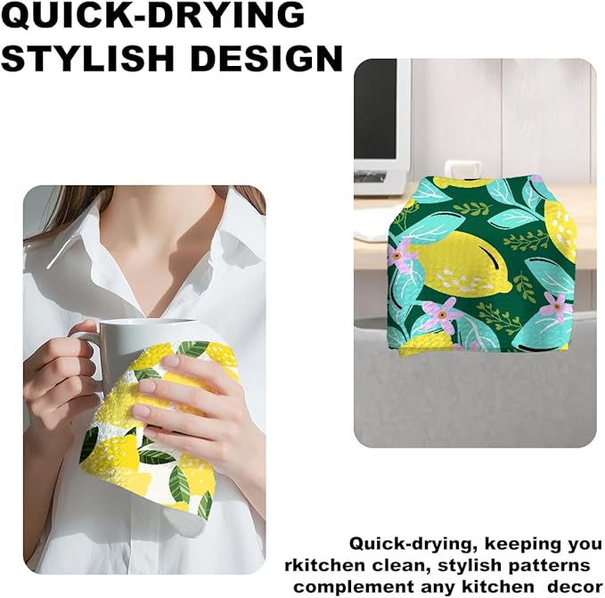 2Pcs Lemon Kitchen Towels, Farmhouse Absorbent Tea Towel Decorative Reusable Dish Hand Towels Lemon Lover Gifts for Cleaning Drying Women Mom Housewarming Gifts 14 x 24 Inch Kitchen Home Decor