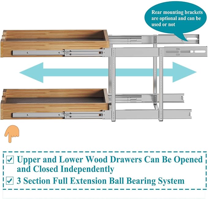 OCG 2 Tier Pull Out Drawers For Cabinets, Double Tier Slide out Wood Cabinet Organizer, Pull Out Shelves for Base Cabinet Organization in Kitchen, Pantry, Bathroom