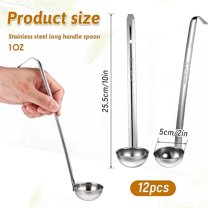 12 Pcs Stainless Steel Soup Ladle for Serving with Long Handles Portion Control Serving Spoons, Cooking Servings Ladle for Cooking Sauce Stews Kitchen Home(1 oz)
