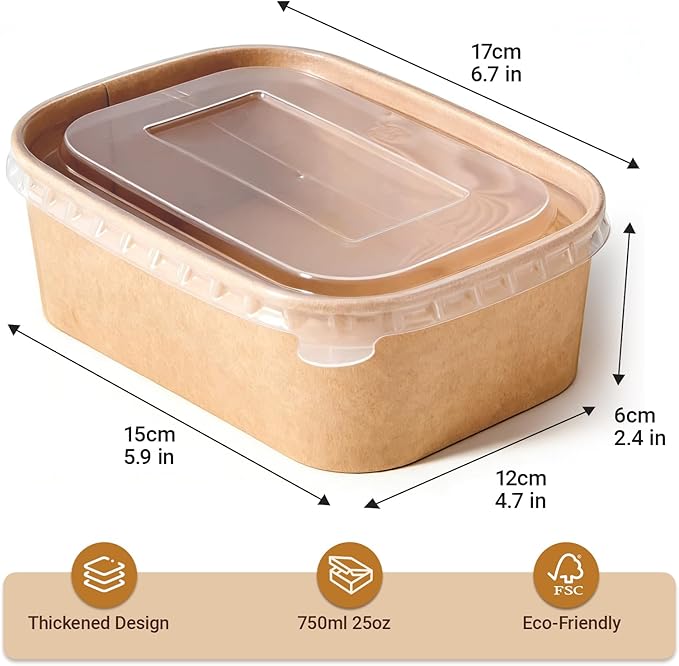 25 oz Disposable Bowls with Lids, 200 Sets Kraft Paper Bowls Square, Disposable Meal Prep Food Container with Sealing Lid, Microwave Safe Leakproof is Perfect for Party Lunch Hot Soup