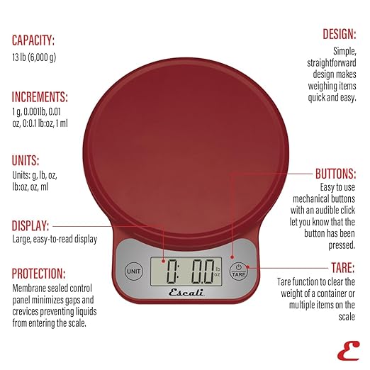 Escali Telero Digital Food Scale, High Precision Kitchen Scale for Cooking, Baking, Portion Control, Meal Prep, Weigh in Grams and Ounces, 11 lb Capacity, Red (T136)