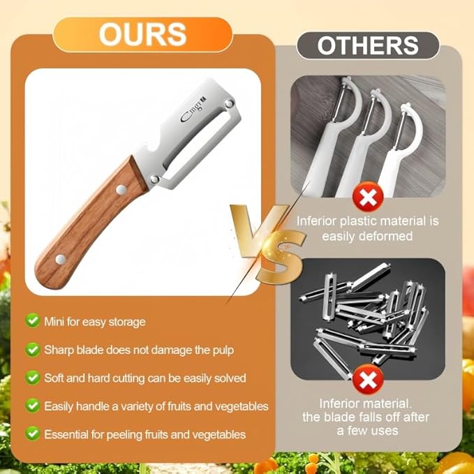 Multi-Functional Premium Vegetable Peeler,Suitable for Fruits,potatoes, Sugar Cane, Pumpkin,carrot peeler，stainless steel Wooden handle peeler Kitcheng tool With bottle opener (1Pcs)