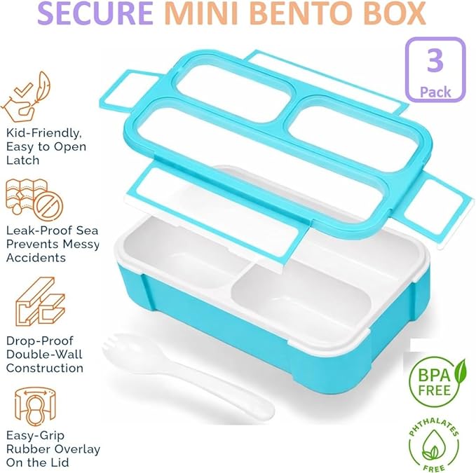 Small Snack Containers for Kids Toddlers - 3 Compartments (Set of 3) - Leak-Proof Reusable Boxes with Lids -BPA-Free Plastic Mini Bento Lunch Box - Ideal for School, Holds 2 Cups (Pink+ Purple+ Coral)