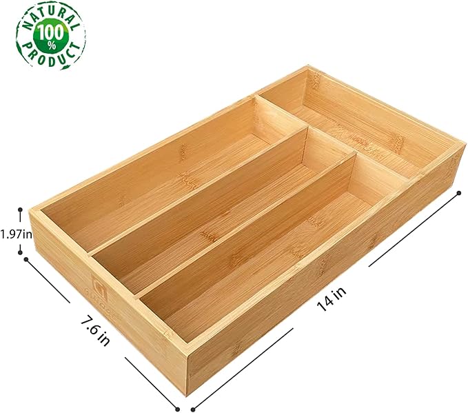 guiogc Bamboo Silverware Organizer, Kitchen Drawer Organizer, Silverware Utensil Tray Holder for Flatware Cutlery Knives, Forks, Spoons (4-Slots) (Natural)