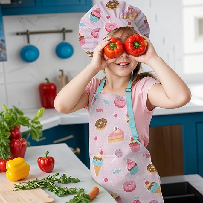 SANDJEST Kids Apron with Chefs Hat Set, Kitchen Apron Gifts