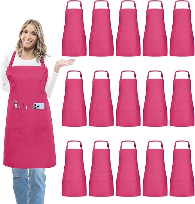 15 Pcs Adult Aprons Bulk with Pockets Adjustable Bib Chef Apron for Women Men Painting Cooking Crafting (S/L)