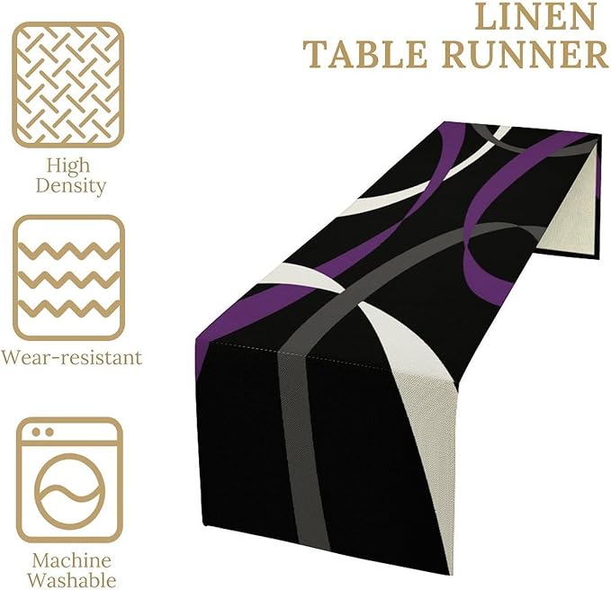 Abstract Geometric Table Runner Purple Grey White Striped Black Background Modern Kitchen Dinner Runner for Indoor Home Living Room Party Dining Table Decoration 13"x60"